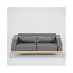 Ciemnoszara sofa z bawolej skóry z konstrukcją z litego drewna dębowego Gazzda Fawn, 180 cm obraz