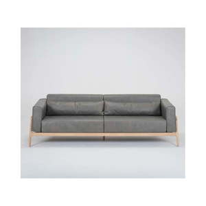 Ciemnoszara sofa z bawolej skóry z konstrukcją z litego drewna dębowego Gazzda Fawn, 240 cm obraz
