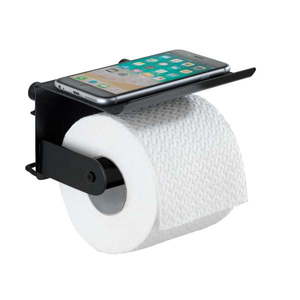 Czarny ścienny uchwyt na papier toaletowy z podkładką na telefon komórkowy Wenko Classic Plus obraz