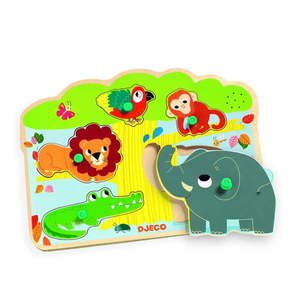 Drewniane puzzle wkładane dla dzieci z motywem zwierząt dżungli z dźwiękiem Djeco obraz