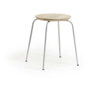 Biały metalowy stołek z siedziskiem z drewna mango Kave Home Nax obraz