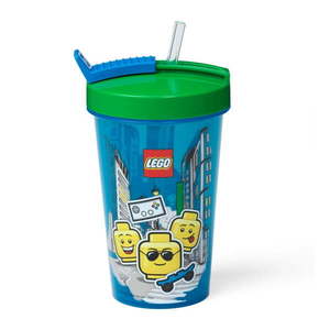 Niebieski kubek podróżny z zielonym wieczkiem i słomką LEGO® Iconic, 500 ml obraz
