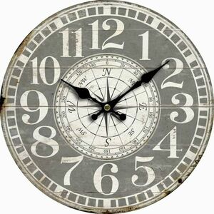 Drewniany zegar ścienny Vintage compass, śr. 34 cm obraz