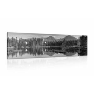 Obraz wspaniała panorama gór nad jeziorem w wersji czarno-białej obraz