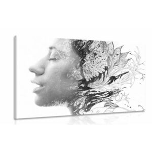 Obraz kobieta z namalowanymi kwiatami w wersji czarno-białej obraz