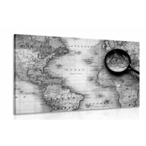 Obraz czarno-biała mapa świata z lupą obraz