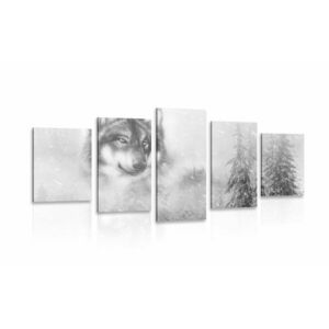 5-częściowy obraz wilk w zaśnieżonym krajobrazie w wersji czarno-białej obraz