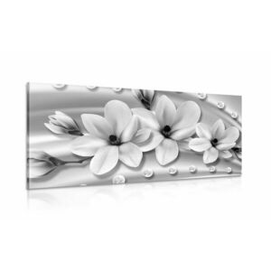 Obraz luksusowa magnolia z perłami w wersji czarno-białej obraz