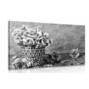Obraz kwiaty goździka w doniczce mozaikowej w wersji czarno-białej obraz