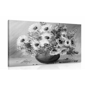 Obraz olejny przedstawiający letnie kwiaty w wersji czarno-białej obraz