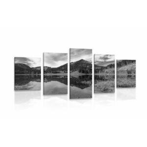 5-częściowy obraz jezioro pod wzgórzami w wersji czarno-białej obraz