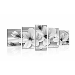5-częściowy obraz luksusowa magnolia z perłami w wersji czarno-białej obraz