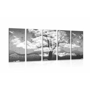 5-częściowy obraz czarno-białe drzewo pokryte chmurami obraz
