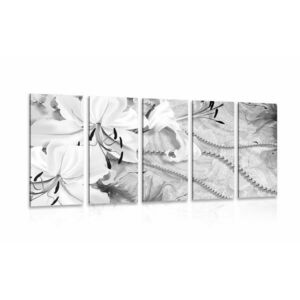 5-częściowy obraz czarno-biała lilia z perełkami obraz