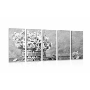 5-częściowy obraz kwiaty goździka w doniczce mozaikowej w wersji czarno-białej obraz