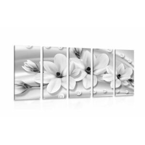 5-częściowy obraz luksusowa magnolia z perłami w wersji czarno-białej obraz