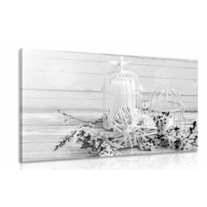 Obraz gałązka wiśni i latarnie w wersji czarno-białej obraz