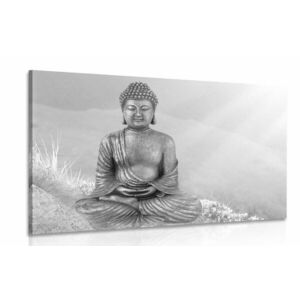 Obraz posąg Buddy w pozycji medytacyjnej w wersji czarno-białej obraz