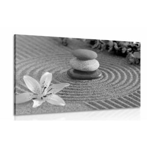 Obraz ogród zen i kamienie w piasku w wersji czarno-białej obraz