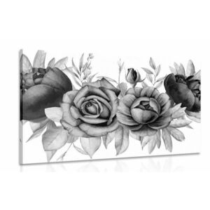 Obraz urocze połączenie kwiatów i liści w wersji czarno-białej obraz