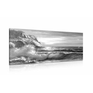 Obraz fale morskie na wybrzeżu w wersji czarno-białej obraz