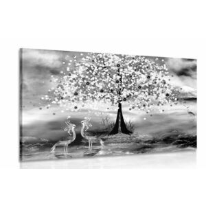 Obraz czaple pod magicznym drzewem w wersji czarno-białej obraz