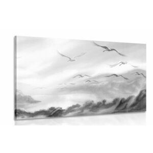 Obraz ptaki lecące nad krajobrazem w wersji czarno-białej obraz
