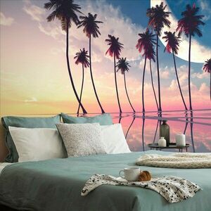 Tapeta zachód słońca nad tropikalnymi palmami obraz