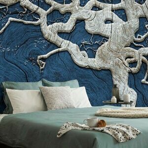 Tapeta abstrakcyjne drzewo na drewnie z niebieskim kontrastem obraz