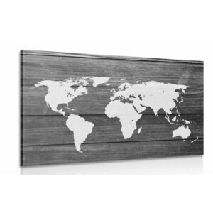 Obraz czarno-biała mapa świata z drewnianym tłem obraz