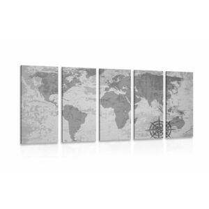 5-częściowy obraz stara mapa świata z kompasem w wersji czarno-białej obraz