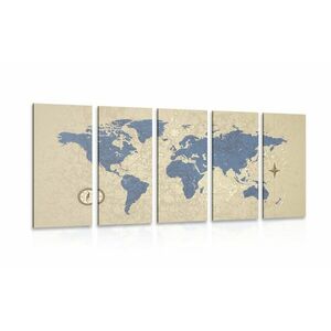 5-częściowy obraz mapa świata z kompasem w stylu retro obraz