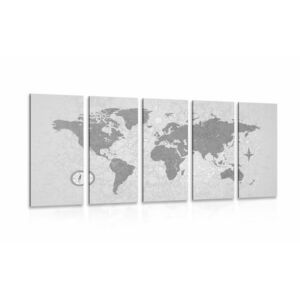 5-częściowy obraz mapa świata w stylu retro z kompasem w wersji czarno-białej obraz