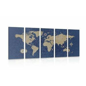 5-częściowy obraz mapa świata z kompasem w stylu retro na niebieskim tle obraz