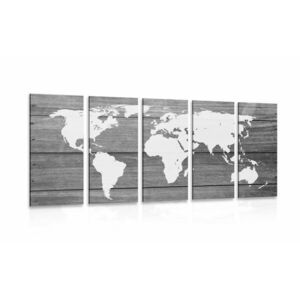 5-częściowy obraz czarno-biała mapa świata z drewnianym tłem obraz