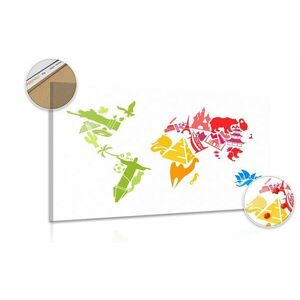 Obraz mapa świata z symbolami poszczególnych kontynentów na korku obraz