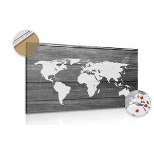 Obraz na korku czarno-biała mapa świata z drewnianym tłem obraz