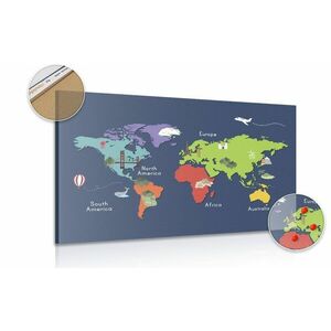 Obraz na korku mapa świata z punktami orientacyjnymi obraz