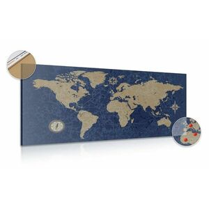Obraz na korku mapa świata z kompasem w stylu retro na niebieskim tle obraz