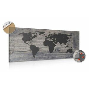 Obraz na korku mapa świata na ciemnym drewnie obraz