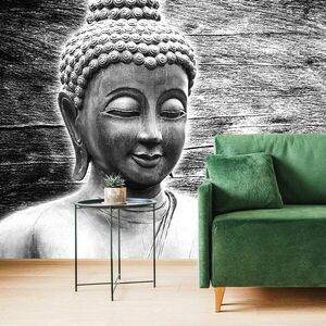 Tapeta czarno-biały posąg Buddy na drewnianym tle obraz