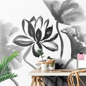 Tapeta akwarela czarno-biały kwiat lotosu obraz