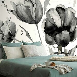 Tapeta czarno-białe tulipany w ciekawym wzorze obraz