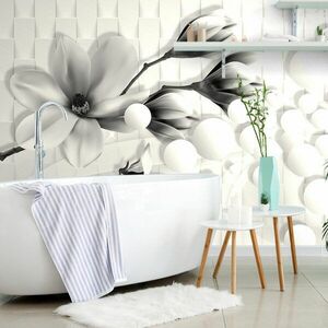 Tapeta czarno-biała magnolia z abstrakcyjnymi elementami obraz