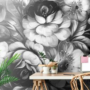 Samoprzylepna tapeta kwiaty w czarno-białym wzorze obraz