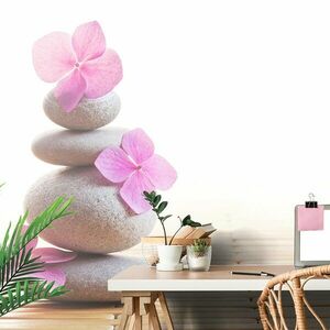 Samoprzylepna fototapeta balans kamieni i różowe kwiaty obraz