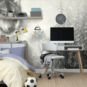 Samoprzylepna tapeta czarno-biały wilk w śnieżnym krajobrazie obraz