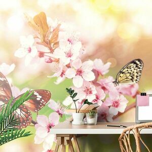 Samoprzylepna tapeta wiosenne kwiaty z egzotycznymi motylami obraz