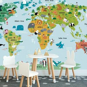 Samoprzylepna tapeta dziecięca mapa świata ze zwierzętami obraz