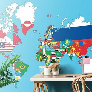 Samoprzylepna tapeta mapa świata z flagami obraz